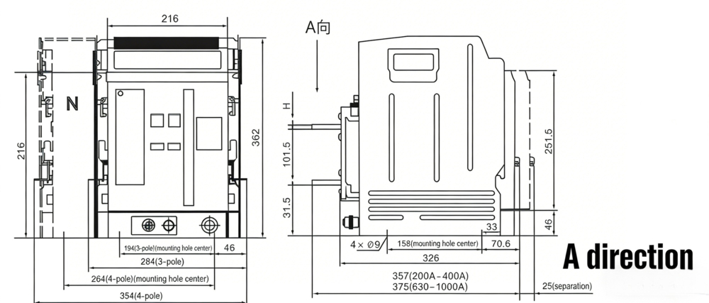 DW1 1000 outline dimension & install dimension of drawer type